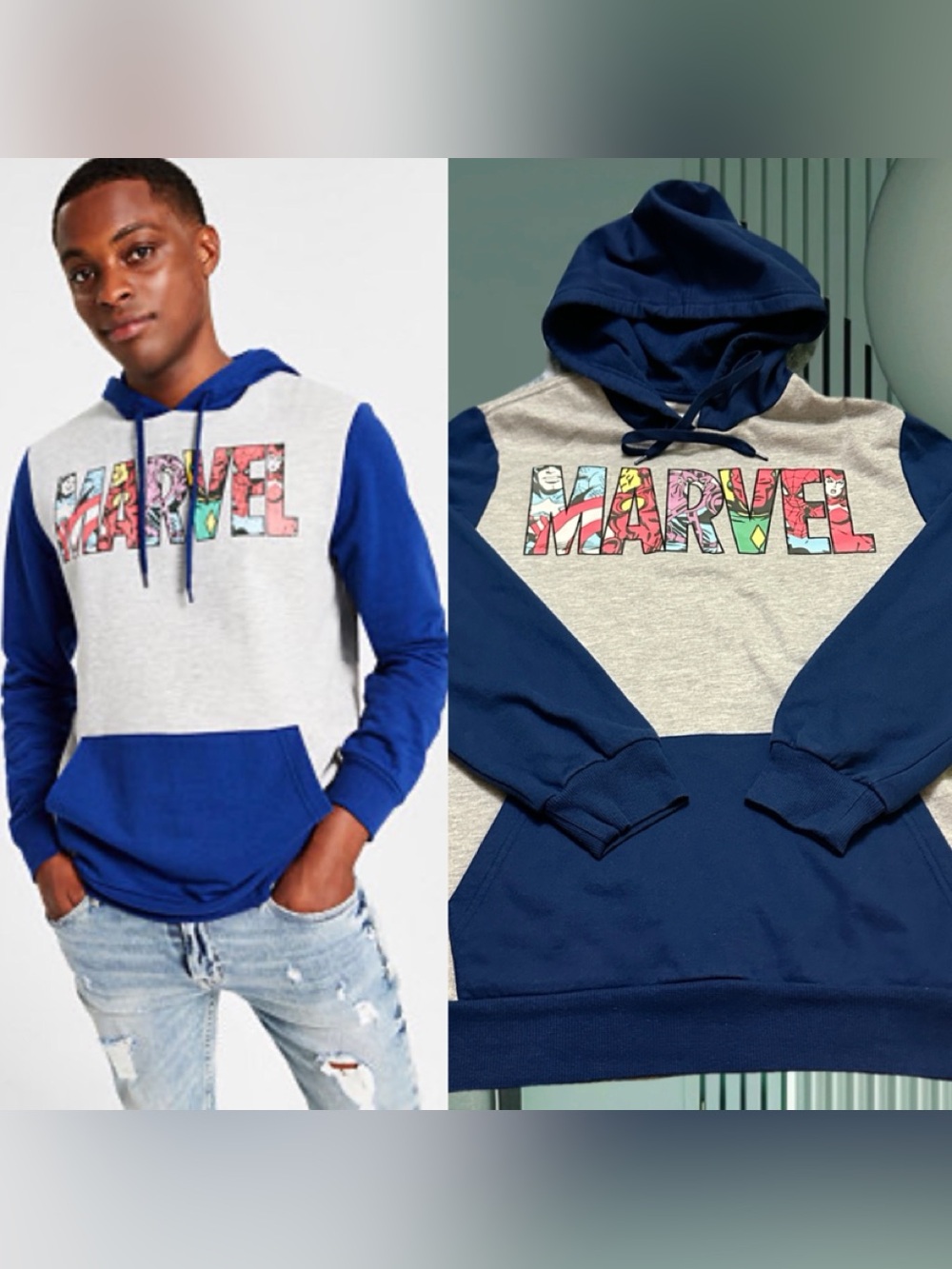Marvel Mens Blue and Gray Colorblock Pullover Hoodie L
